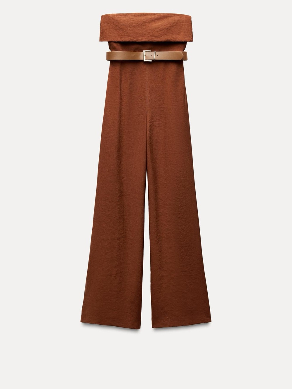 Zara Chestnut Strapless Wide-Leg Jumpsuit with Tan Belt